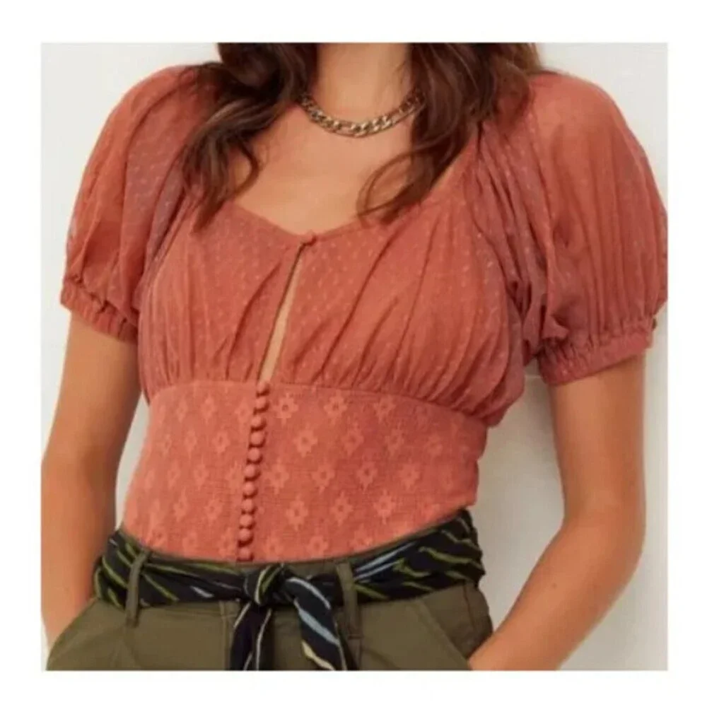 Free People Heartstrings Corset Crop Top XS Dusty Blue Cotton Puff Sleeve Button